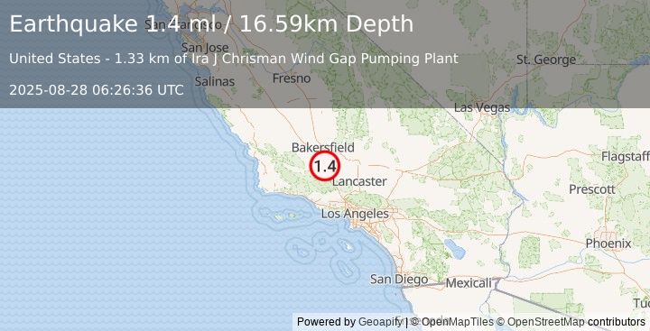 Earthquake 8 km NNW of Grapevine, CA (1.4 ml) (2025-08-28 06:26:36 UTC)