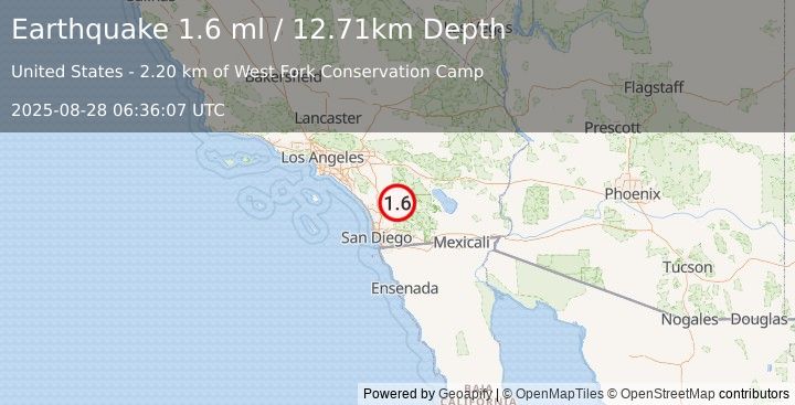 Earthquake 6 km NNE of Lake Henshaw, CA (1.6 ml) (2025-08-28 06:36:07 UTC)