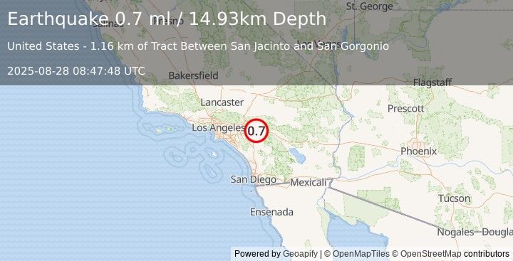 Earthquake 3 km SW of Calimesa, CA (0.7 ml) (2025-08-28 08:47:48 UTC)
