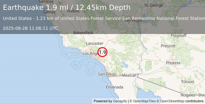 Earthquake 5 km ENE of Rancho Cucamonga, CA (1.9 ml) (2025-08-28 11:06:11 UTC)