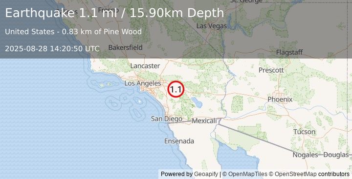 Earthquake 8 km NNW of Idyllwild, CA (1.1 ml) (2025-08-28 14:20:50 UTC)
