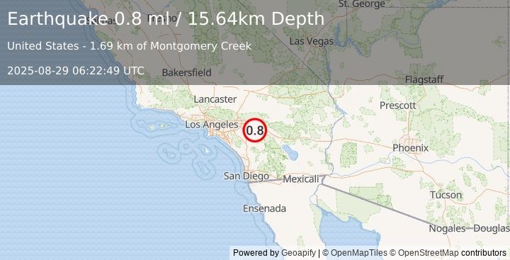 Earthquake 3 km SW of Banning, CA (0.8 ml) (2025-08-29 06:22:49 UTC)