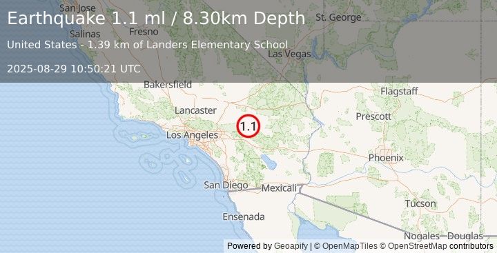 Earthquake 17 km N of Yucca Valley, CA (1.1 ml) (2025-08-29 10:50:21 UTC)