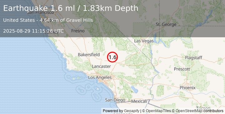 Earthquake 30 km ESE of Johannesburg, CA (1.6 ml) (2025-08-29 11:15:27 UTC)