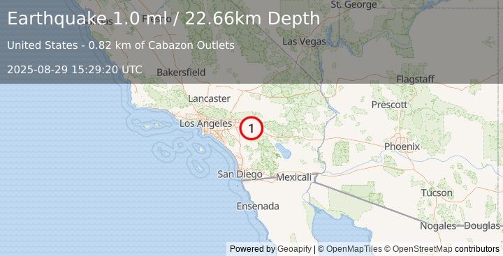 Earthquake 2 km WNW of Cabazon, CA (1.0 ml) (2025-08-29 15:29:20 UTC)