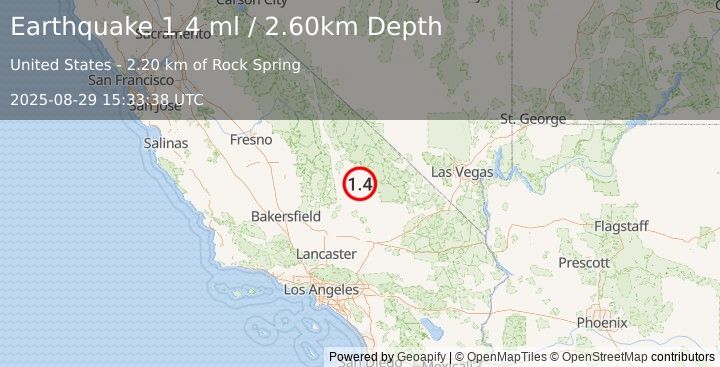 Earthquake 21 km N of Searles Valley, CA (1.4 ml) (2025-08-29 15:33:38 UTC)