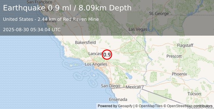 Earthquake 6 km NNW of Adelanto, CA (0.9 ml) (2025-08-30 05:34:04 UTC)