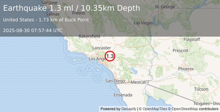 Earthquake 6 km SSW of Lytle Creek, CA (1.3 ml) (2025-08-30 07:57:44 UTC)