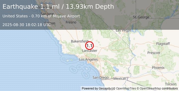 Earthquake 3 km ENE of Mojave, CA (1.1 ml) (2025-08-30 18:02:18 UTC)