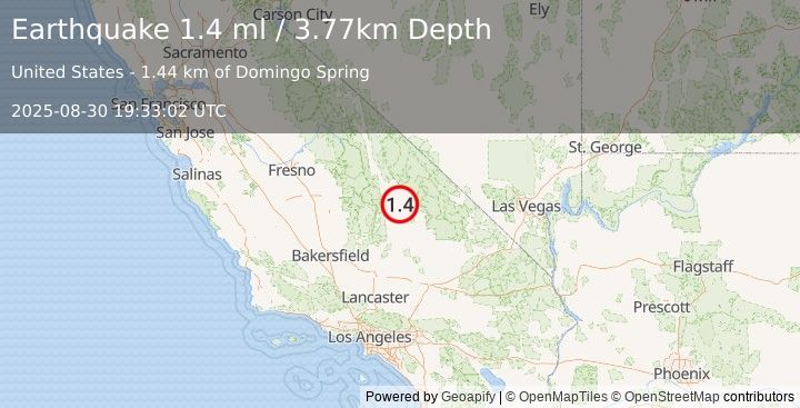 Earthquake 32 km ENE of Coso Junction, CA (1.4 ml) (2025-08-30 19:33:02 UTC)
