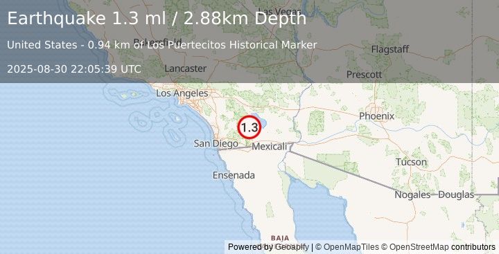 Earthquake 3 km ENE of Ocotillo Wells, CA (1.3 ml) (2025-08-30 22:05:39 UTC)