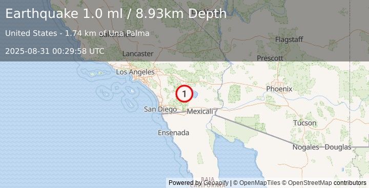 Earthquake 13 km N of Ocotillo Wells, CA (1.0 ml) (2025-08-31 00:29:58 UTC)