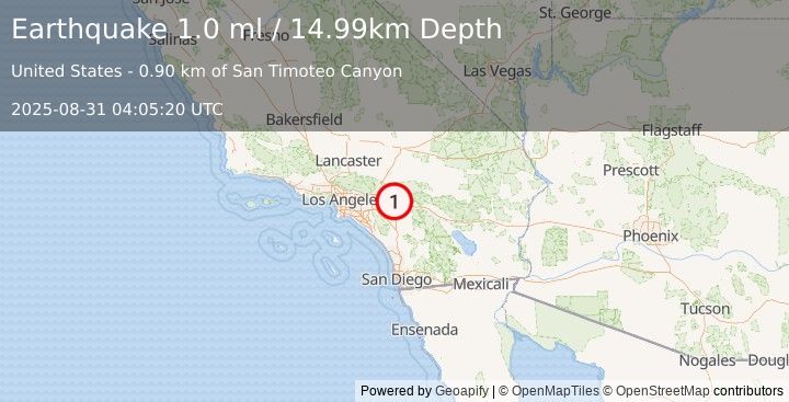 Earthquake 4 km SSW of Redlands, CA (1.0 ml) (2025-08-31 04:05:20 UTC)