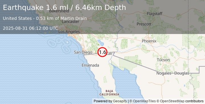 Earthquake 12 km SW of El Centro, CA (1.6 ml) (2025-08-31 06:12:00 UTC)