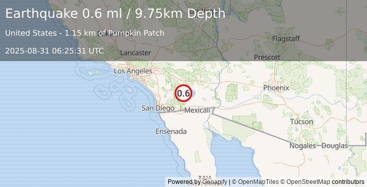 Earthquake 12 km NNE of Ocotillo Wells, CA (0.6 ml) (2025-08-31 06:25:31 UTC)