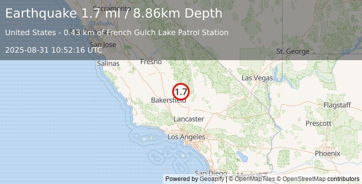 Earthquake 4 km N of Lake Isabella, CA (1.7 ml) (2025-08-31 10:52:16 UTC)