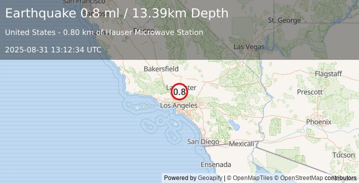 Earthquake 9 km N of Acton, CA (0.8 ml) (2025-08-31 13:12:34 UTC)