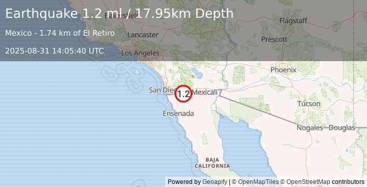 Earthquake 9 km ESE of Campo, CA (1.2 ml) (2025-08-31 14:05:40 UTC)