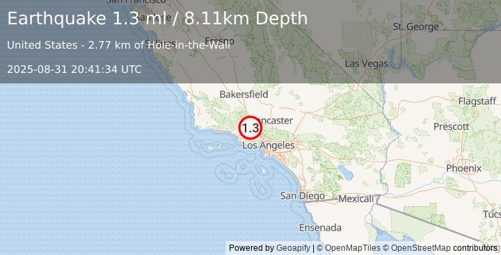 Earthquake 10 km N of Piru, CA (1.3 ml) (2025-08-31 20:41:34 UTC)