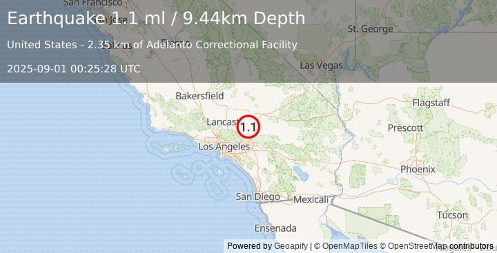 Earthquake 5 km WSW of Adelanto, CA (1.1 ml) (2025-09-01 00:25:28 UTC)