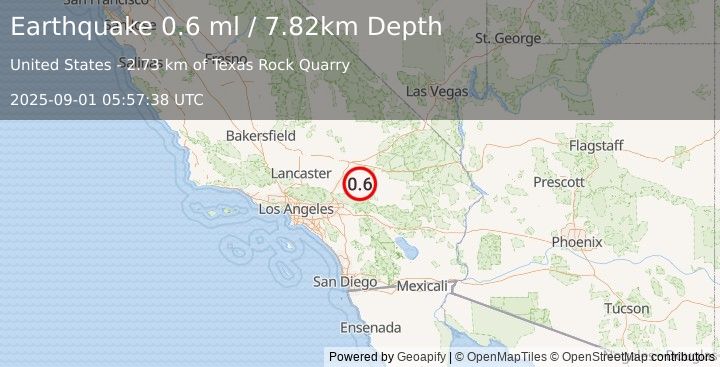 Earthquake 14 km ENE of Lucerne Valley, CA (0.6 ml) (2025-09-01 05:57:38 UTC)