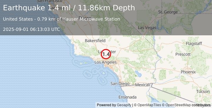 Earthquake 9 km N of Acton, CA (1.4 ml) (2025-09-01 06:13:03 UTC)