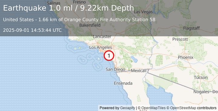Earthquake 2 km SSE of Ladera Ranch, CA (1.0 ml) (2025-09-01 14:53:44 UTC)