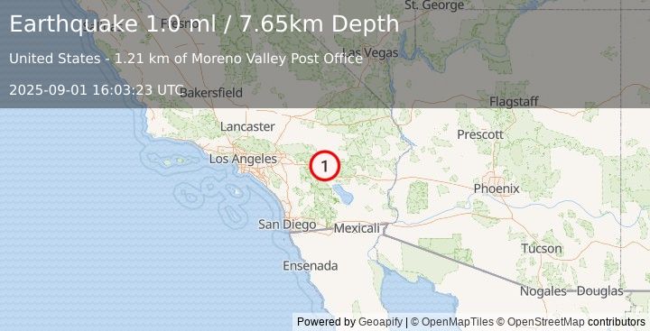 Earthquake 16 km NE of Thousand Palms, CA (1.0 ml) (2025-09-01 16:03:23 UTC)