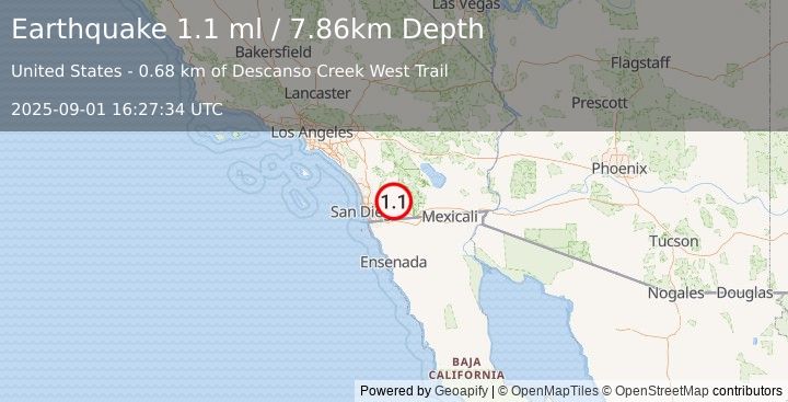 Earthquake 10 km NW of Pine Valley, CA (1.1 ml) (2025-09-01 16:27:34 UTC)