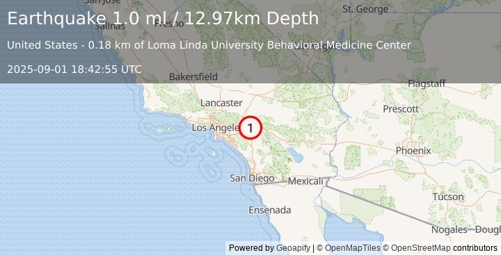 Earthquake 3 km WSW of Redlands, CA (1.0 ml) (2025-09-01 18:42:55 UTC)