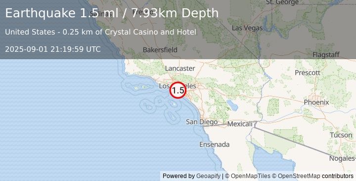 Earthquake 2 km S of Compton, CA (1.5 ml) (2025-09-01 21:19:59 UTC)