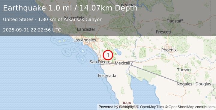 Earthquake 8 km NE of Julian, CA (1.0 ml) (2025-09-01 22:22:56 UTC)