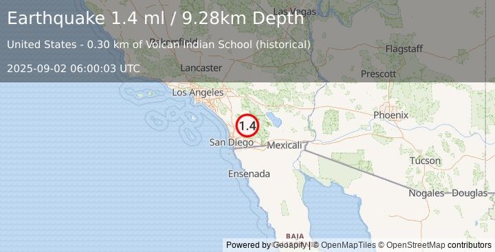Earthquake 6 km N of Julian, CA (1.4 ml) (2025-09-02 06:00:02 UTC)