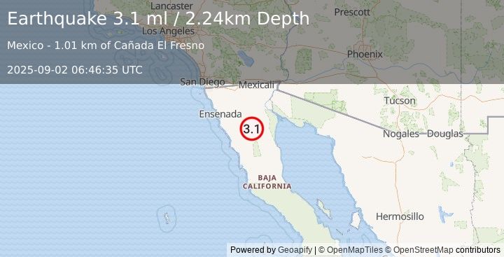 Earthquake 94 km SSW of Alberto Oviedo Mota, B.C., MX (3.1 ml) (2025-09-02 06:46:35 UTC)