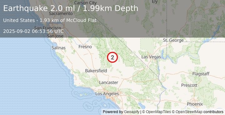 Earthquake 11 km NE of Coso Junction, CA (2.0 ml) (2025-09-02 06:53:56 UTC)