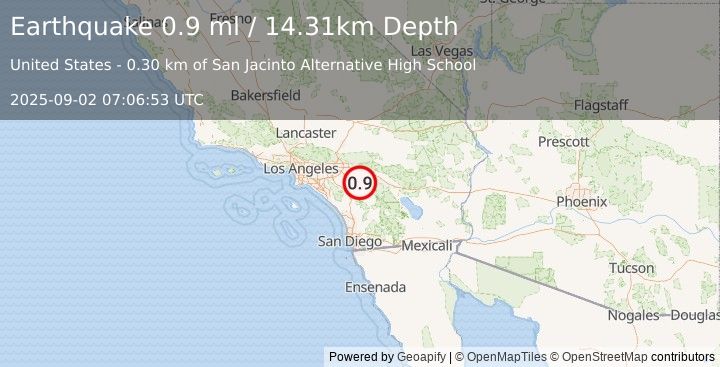 Earthquake 2 km SE of San Jacinto, CA (0.9 ml) (2025-09-02 07:06:53 UTC)