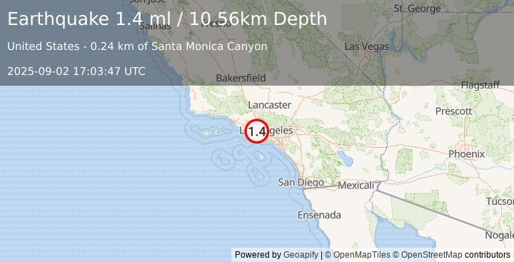 Earthquake 3 km WNW of Santa Monica, CA (1.4 ml) (2025-09-02 17:03:47 UTC)