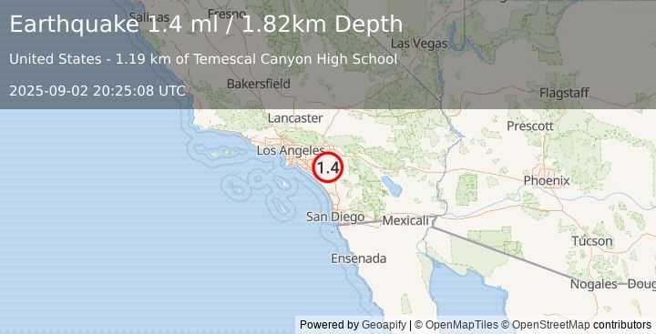 Earthquake 5 km NNW of Lake Elsinore, CA (1.4 ml) (2025-09-02 20:25:08 UTC)