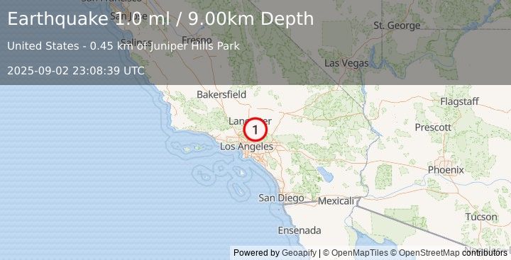 Earthquake 7 km SSE of Littlerock, CA (1.0 ml) (2025-09-02 23:08:39 UTC)
