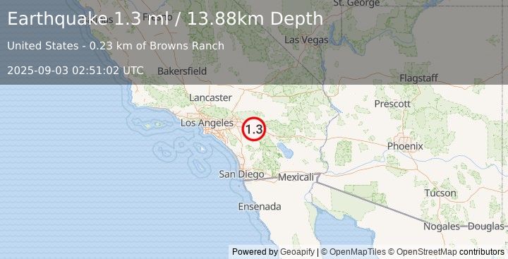 Earthquake 5 km S of Cabazon, CA (1.3 ml) (2025-09-03 02:51:02 UTC)