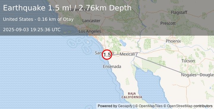Earthquake 7 km ESE of Chula Vista, CA (1.5 ml) (2025-09-03 19:25:36 UTC)