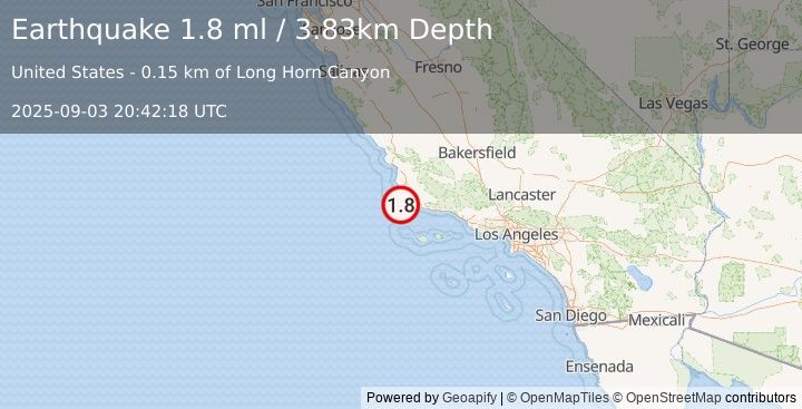 Earthquake 13 km SSW of Lompoc, CA (1.8 ml) (2025-09-03 20:42:18 UTC)