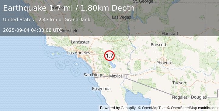 Earthquake 26 km NE of Indio, CA (1.7 ml) (2025-09-04 04:33:08 UTC)