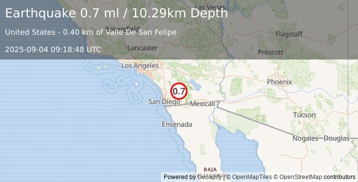 Earthquake 9 km ENE of Julian, CA (0.7 ml) (2025-09-04 09:18:48 UTC)