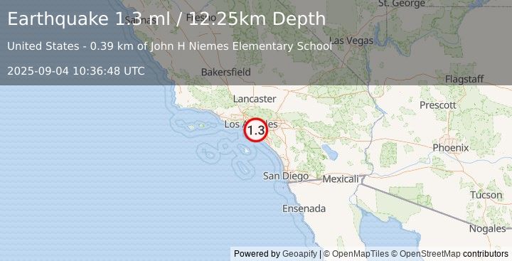 Earthquake 2 km NNW of Artesia, CA (1.3 ml) (2025-09-04 10:36:48 UTC)