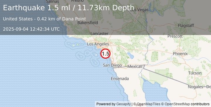 Earthquake 3 km SSE of Dana Point, CA (1.6 ml) (2025-09-04 12:42:33 UTC)