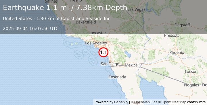 Earthquake 4 km SE of Dana Point, CA (1.1 ml) (2025-09-04 16:07:56 UTC)