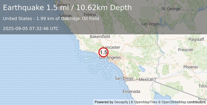 Earthquake 8 km SE of Piru, CA (1.5 ml) (2025-09-05 07:32:46 UTC)