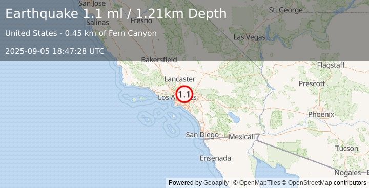 Earthquake 4 km NNW of Azusa, CA (1.1 ml) (2025-09-05 18:47:28 UTC)