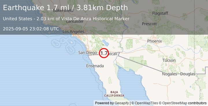 Earthquake 9 km SE of Ocotillo, CA (1.7 ml) (2025-09-05 23:02:08 UTC)